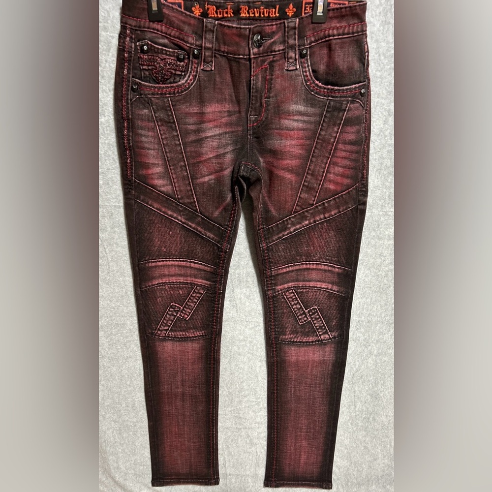 Rock Revival Skylark Biker Jeans Mens 32 x 32 Burgundy Flex Stretch Embellished